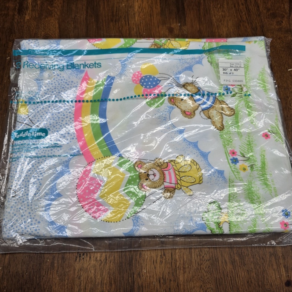Vintage JC Penney Toddletime 2 Receiving Blankets Happy Bears Cotton 30" x 40"